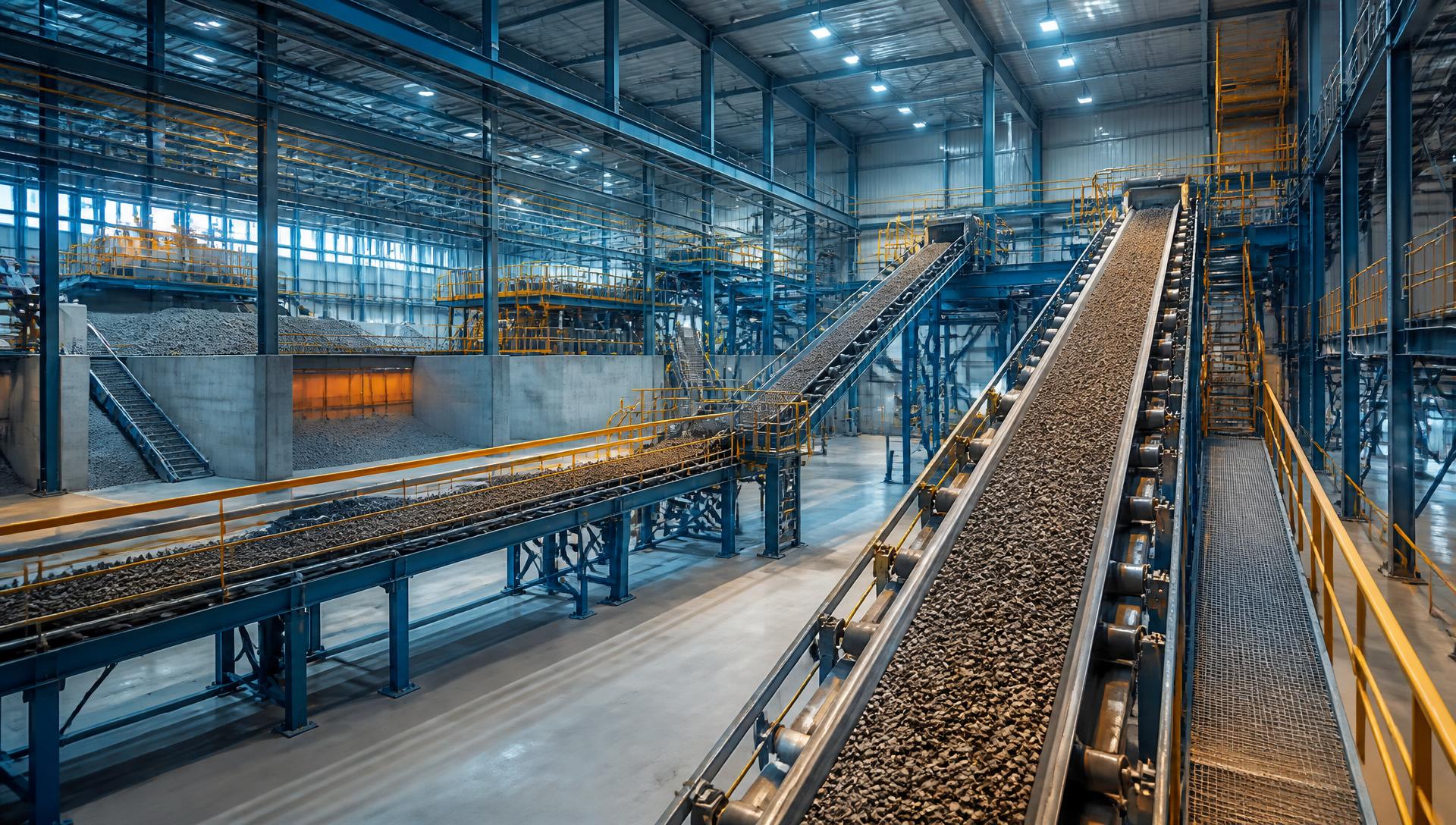 Modern industrial conveyor system in a bulk material handling facility